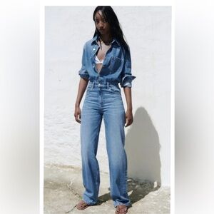 Zara MID-BLUE STRAIGHT CUT DENIM JUMPSUIT
